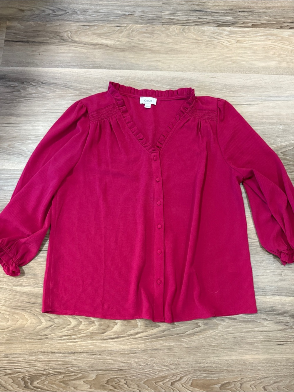 CeCe Button-Ruffle V-Neck Blouse in Fuchsia Pink